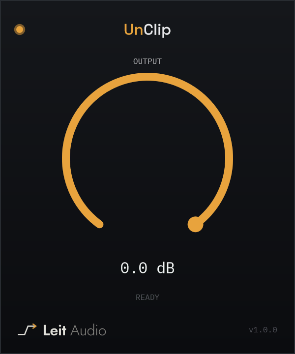 The UnClip interface: an Output control, a status display and the amber bypass lamp.